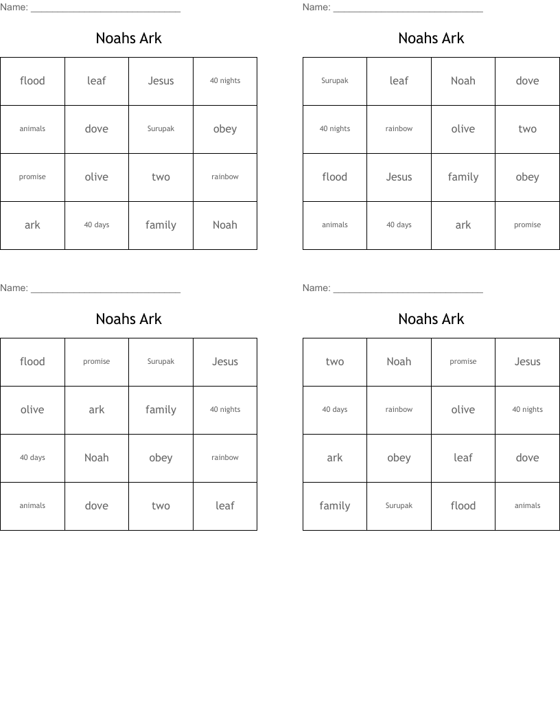 Noahs Ark Bingo Cards