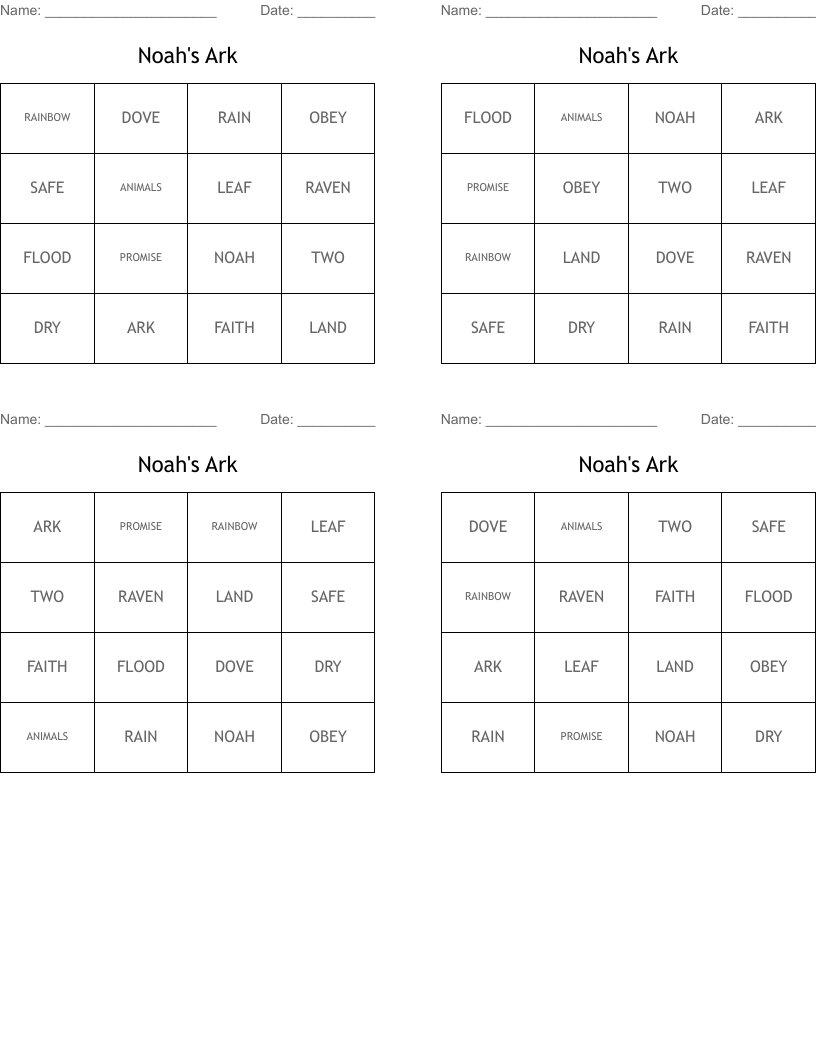 Noah's Ark Bingo Cards