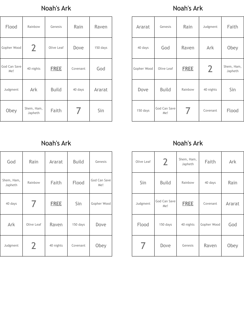 Noah's Ark Bingo Cards