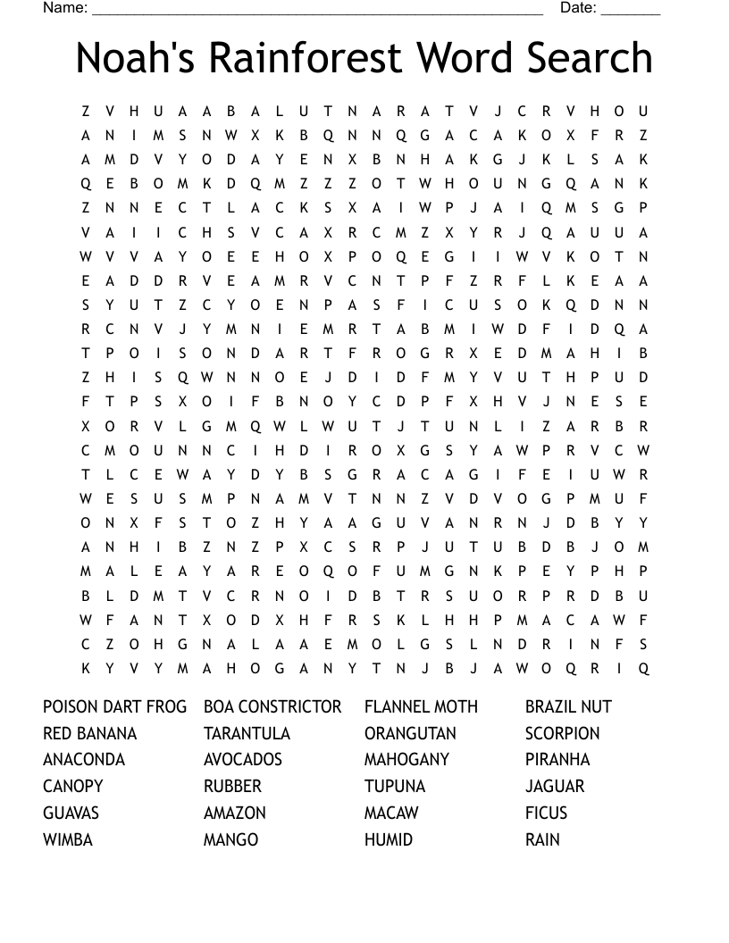 Noah's Rainforest Word Search