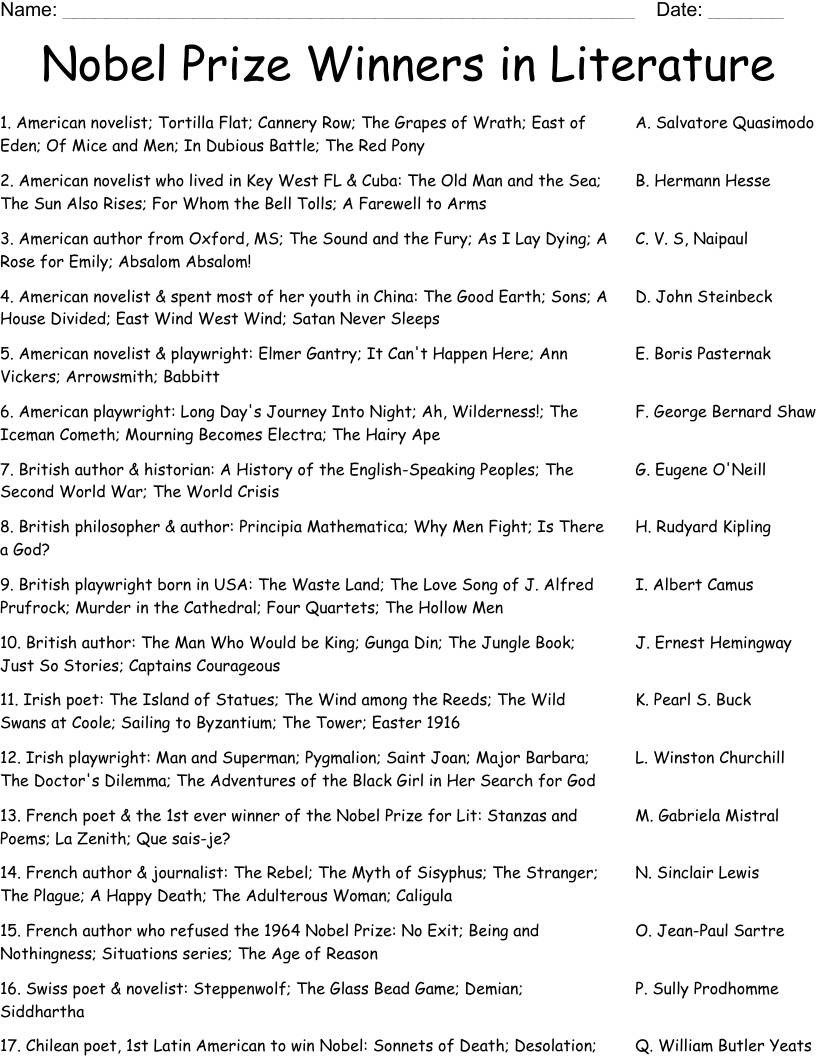 Nobel Prize Winners in Literature Worksheet