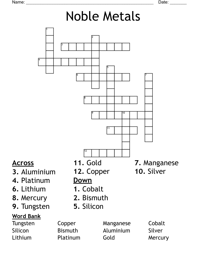 Noble Metals Crossword