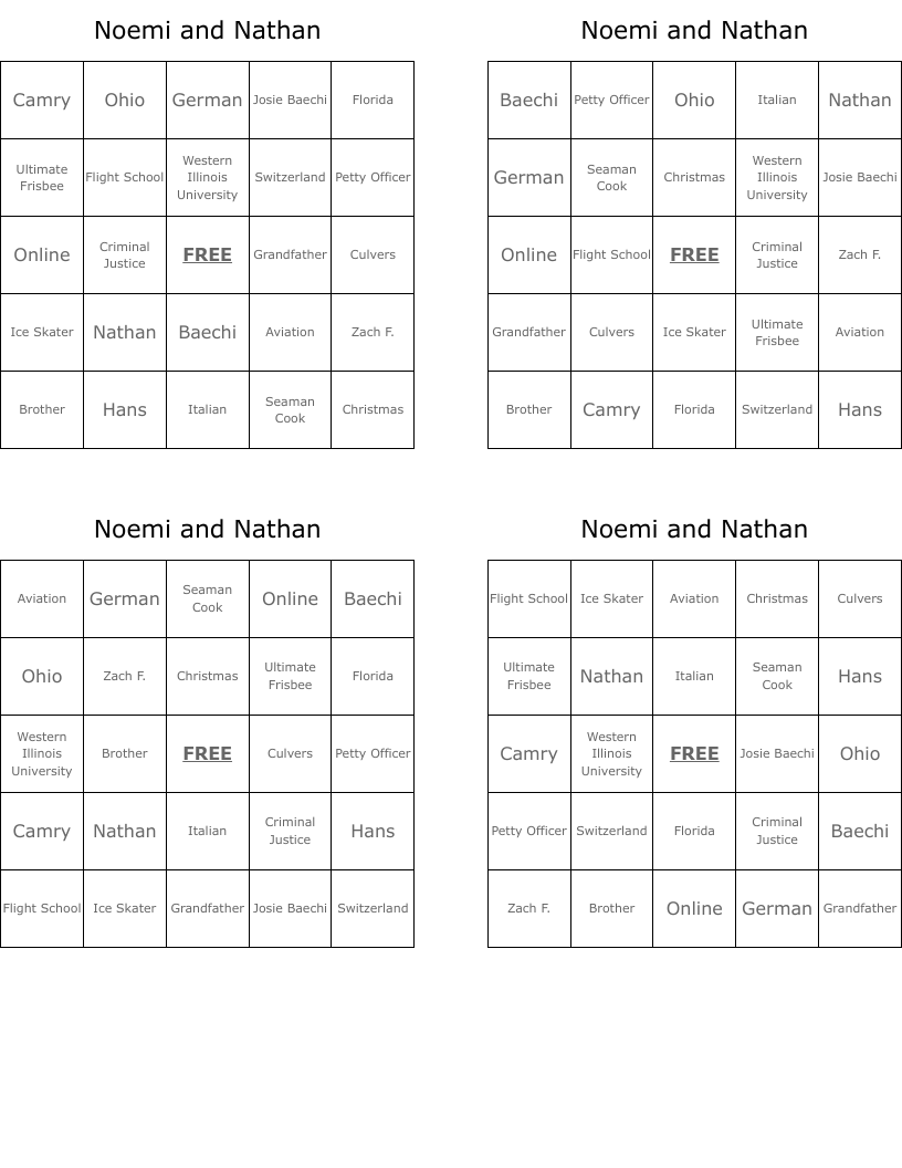 Noemi and Nathan Bingo Cards