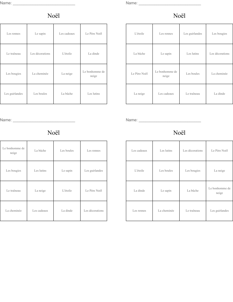 Noël Bingo Cards
