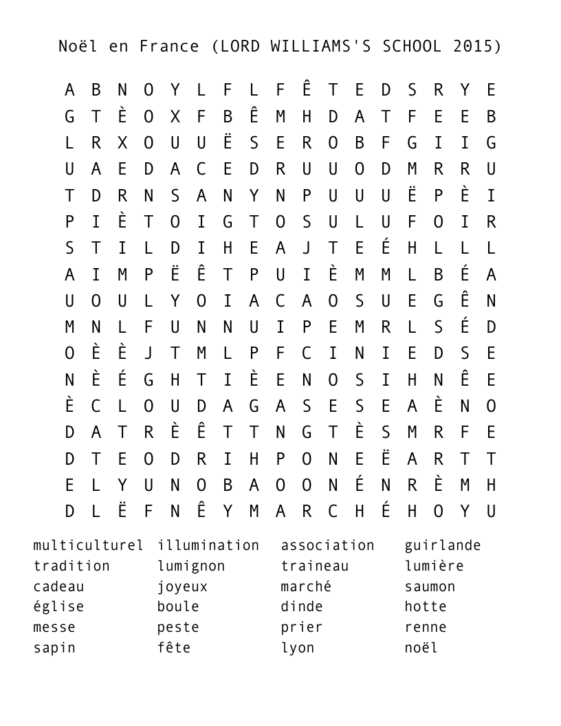 Noël en France (LORD WILLIAMS'S SCHOOL 2015) Word Search