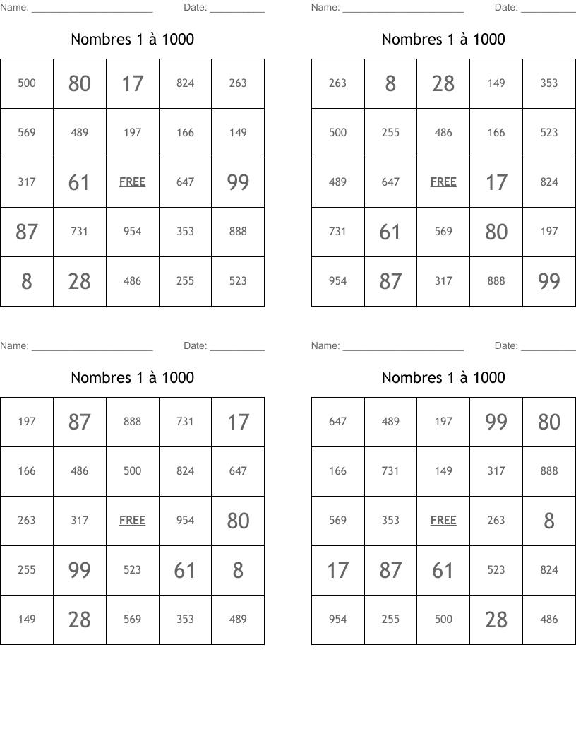 Nombres 1 à 1000 Bingo Cards