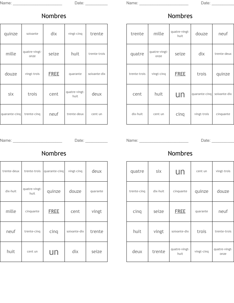 Nombres Bingo Cards
