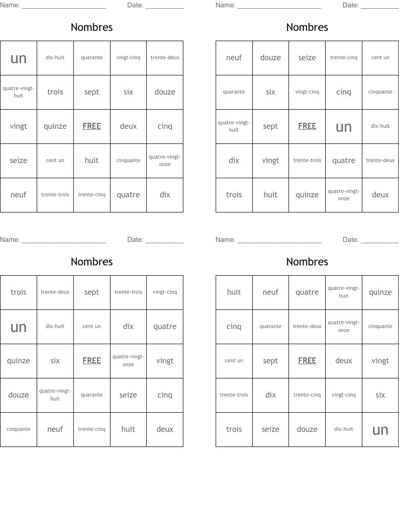Nombres Bingo Cards