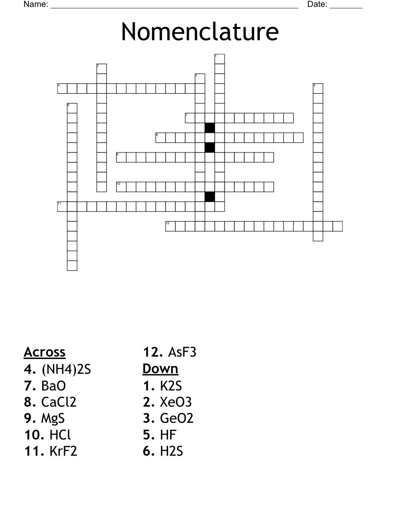 Nomenclature Crossword