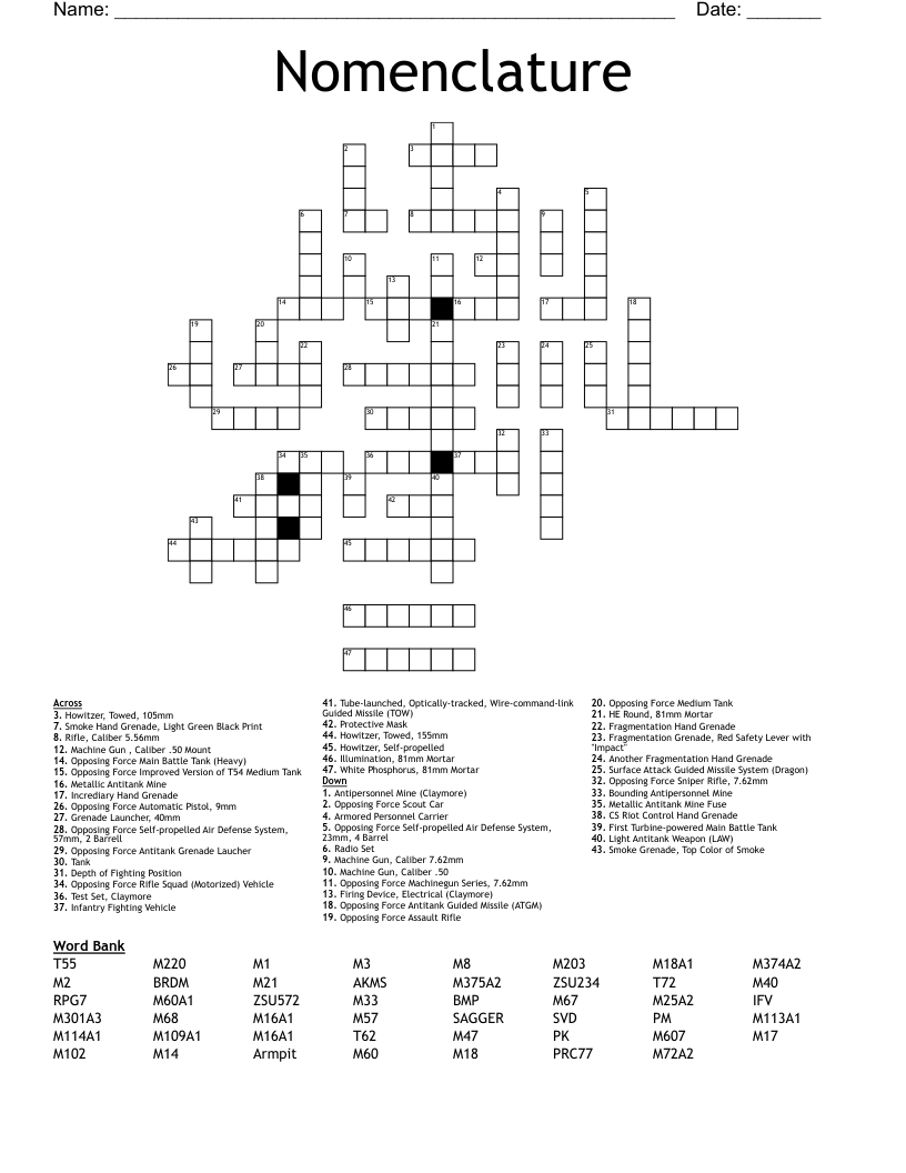 Nomenclature Crossword