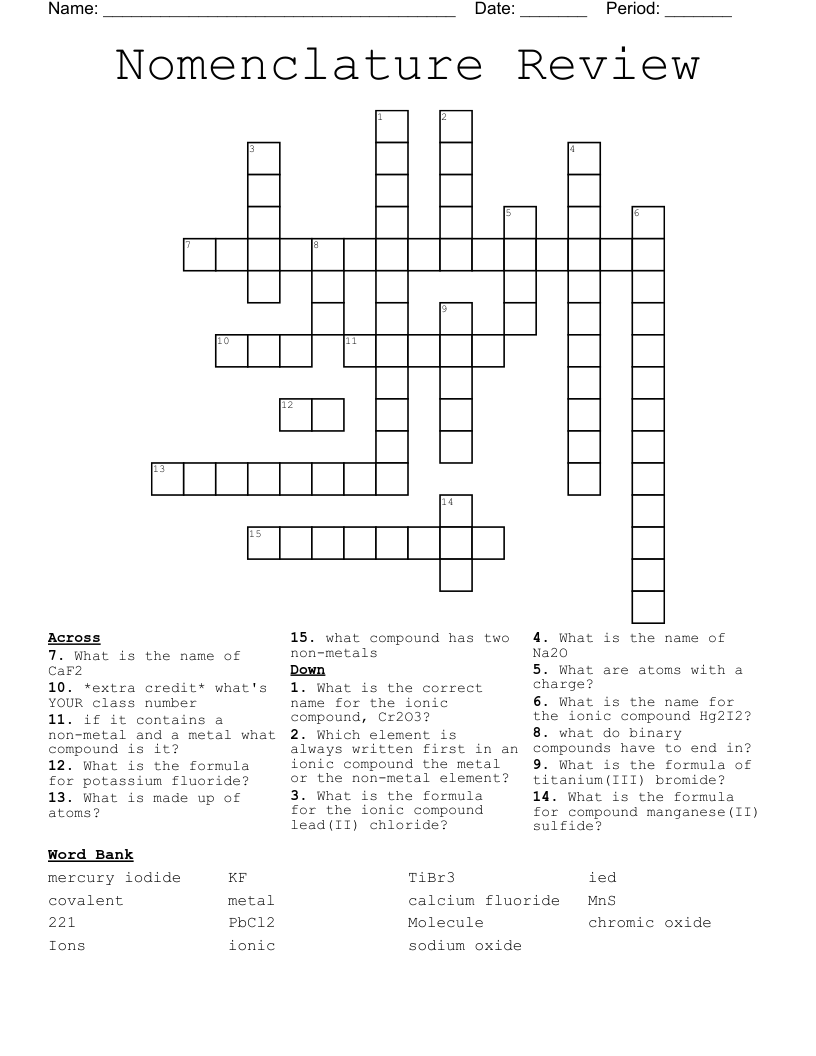 Nomenclature Review Crossword
