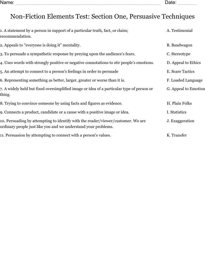 Non-Fiction Elements Test: Section One, Persuasive Techniques Worksheet