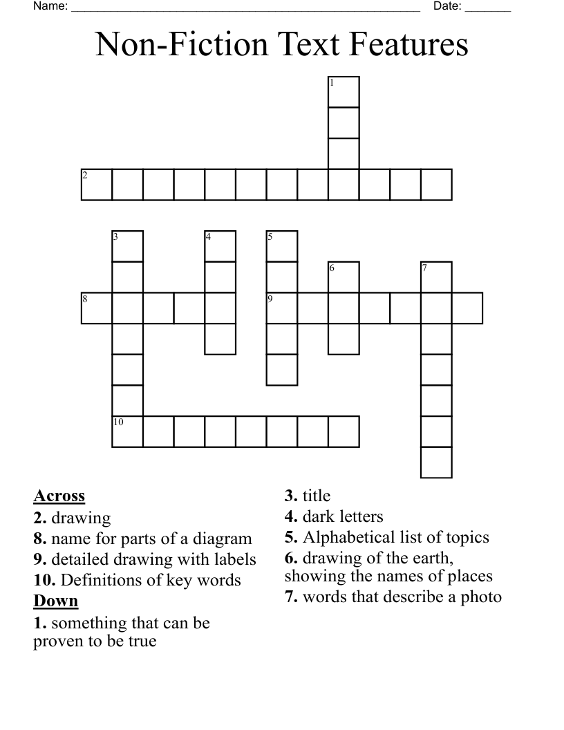 Non-Fiction Text Features Crossword