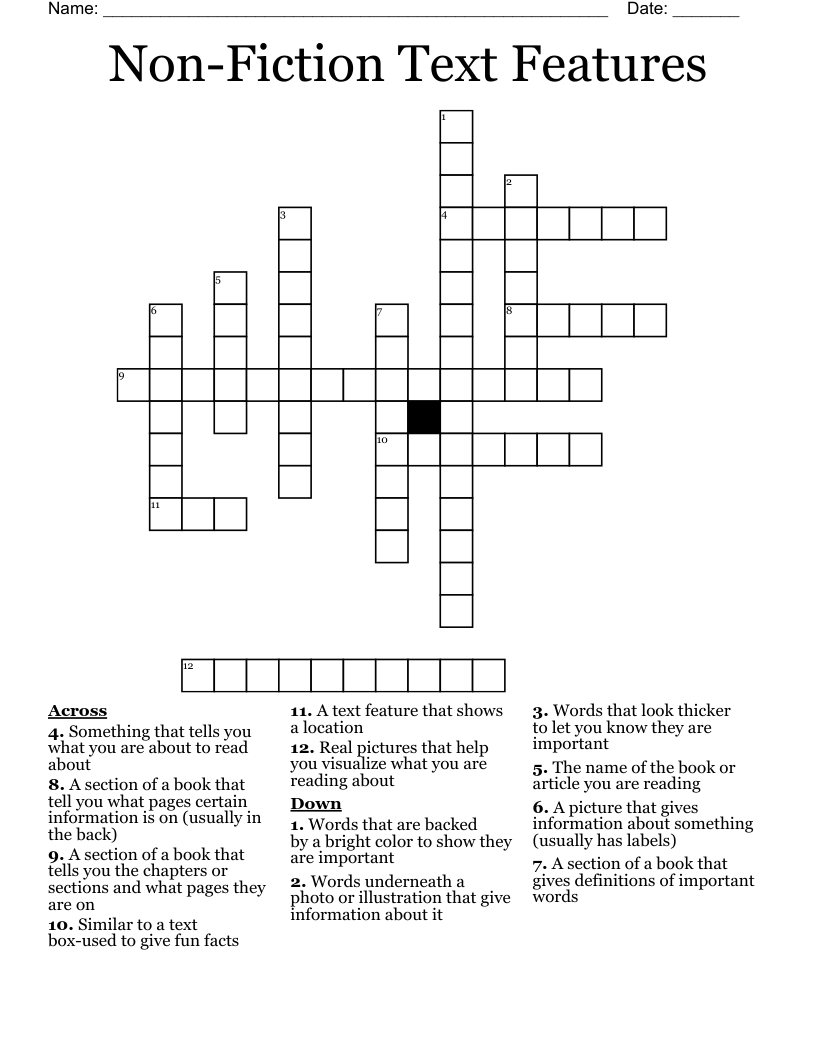 Non-Fiction Text Features  Crossword