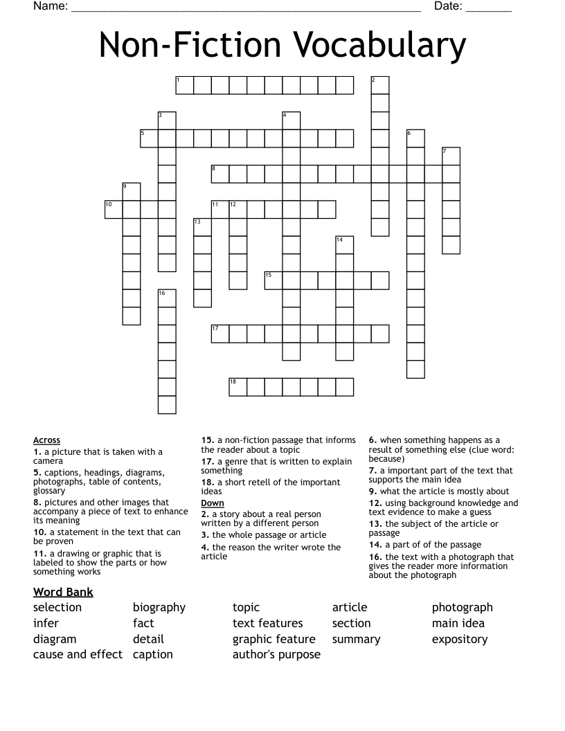 Non-Fiction Vocabulary Crossword