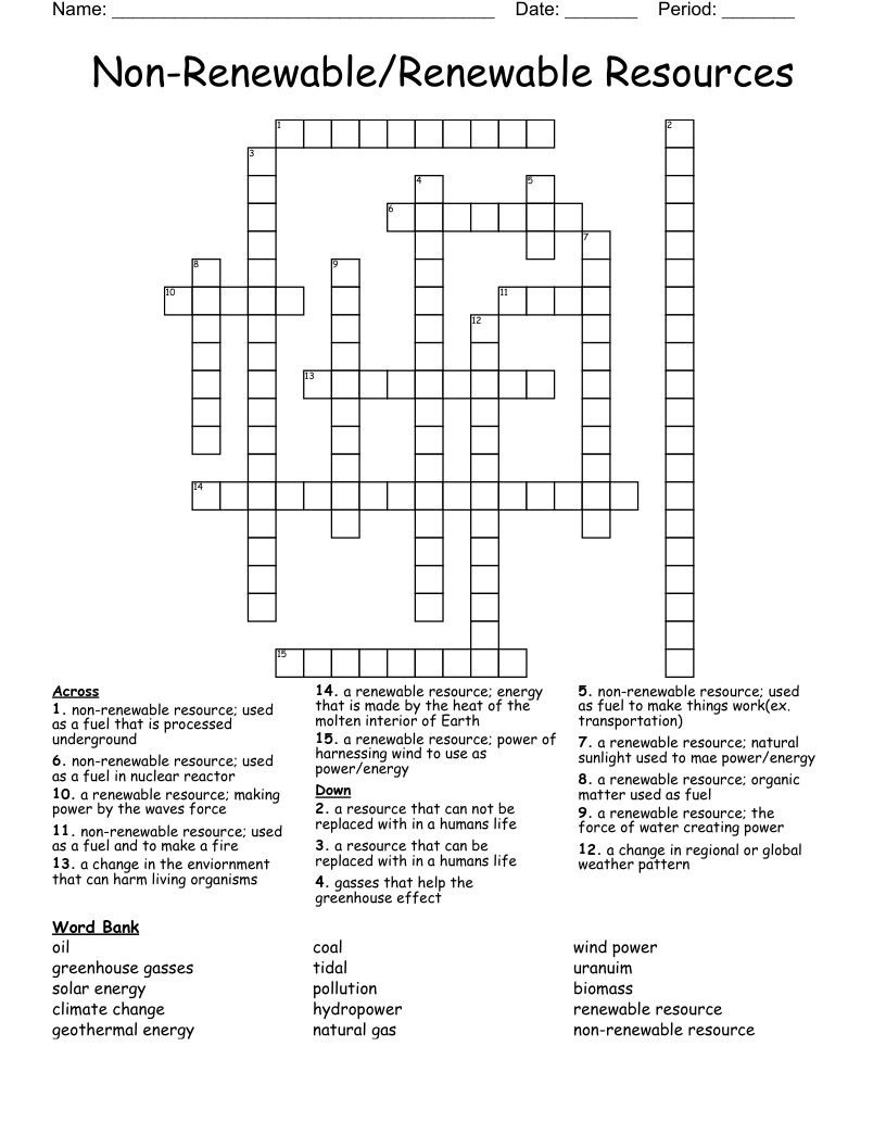 Non-Renewable/Renewable Resources Crossword
