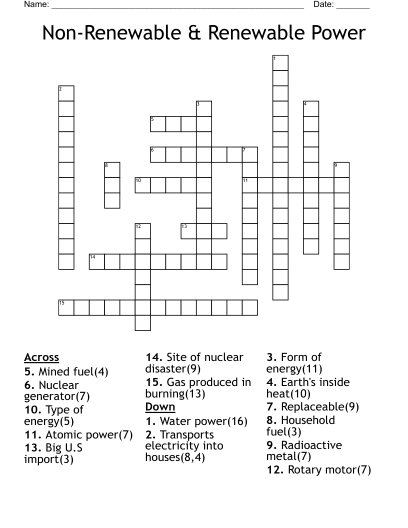Non-Renewable & Renewable Power Crossword