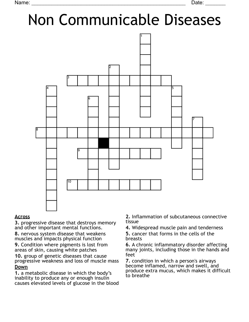 Non Communicable Diseases  Crossword