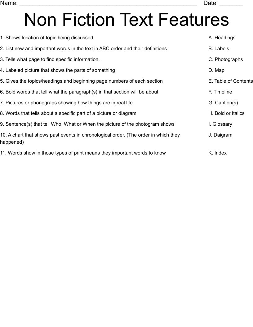 Non Fiction Text Features Worksheet