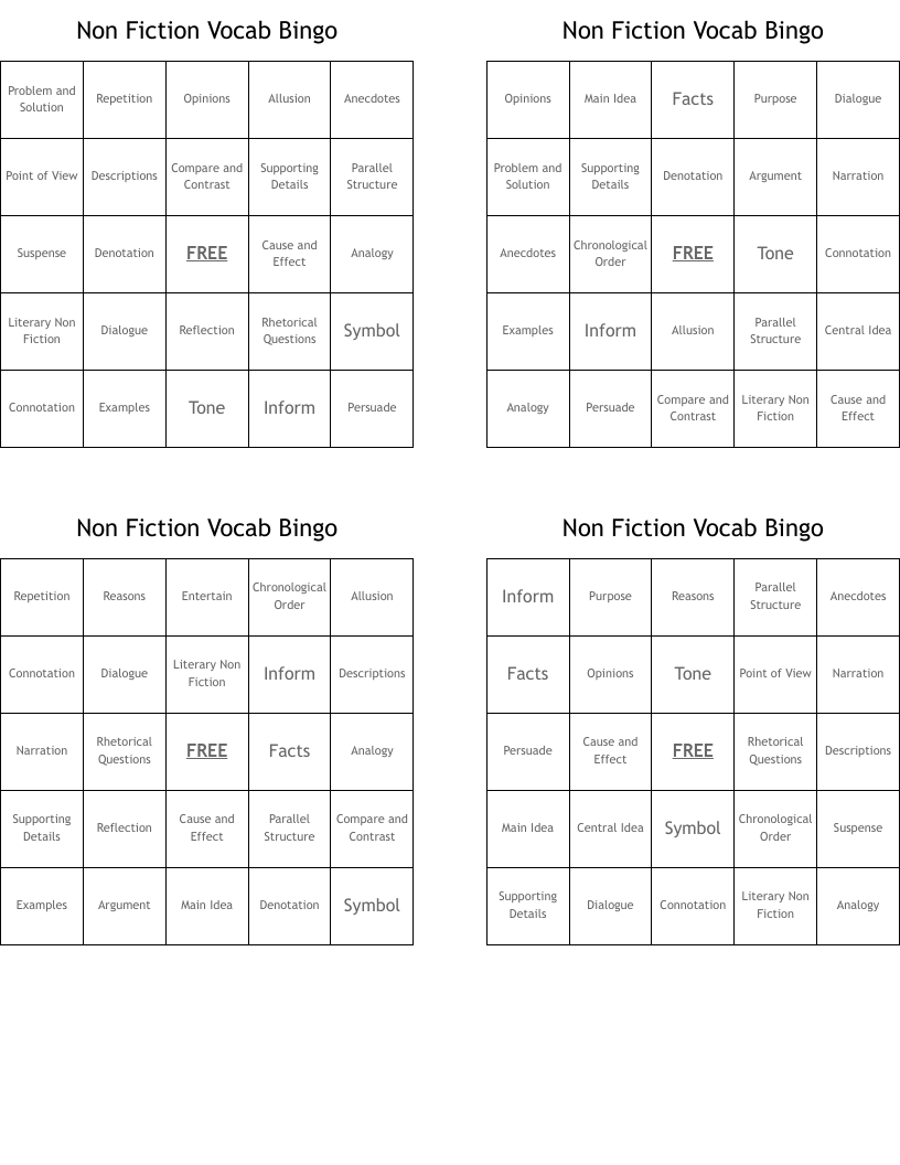 Non Fiction Vocab Bingo 