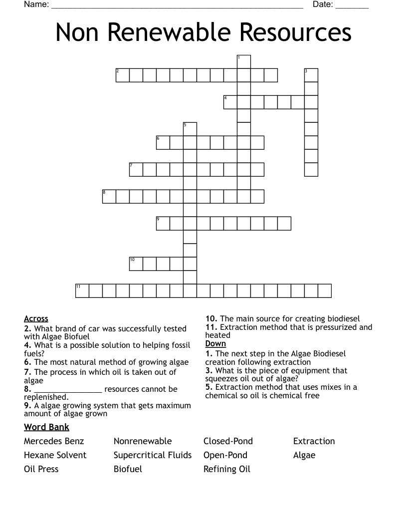 Non Renewable Resources  Crossword