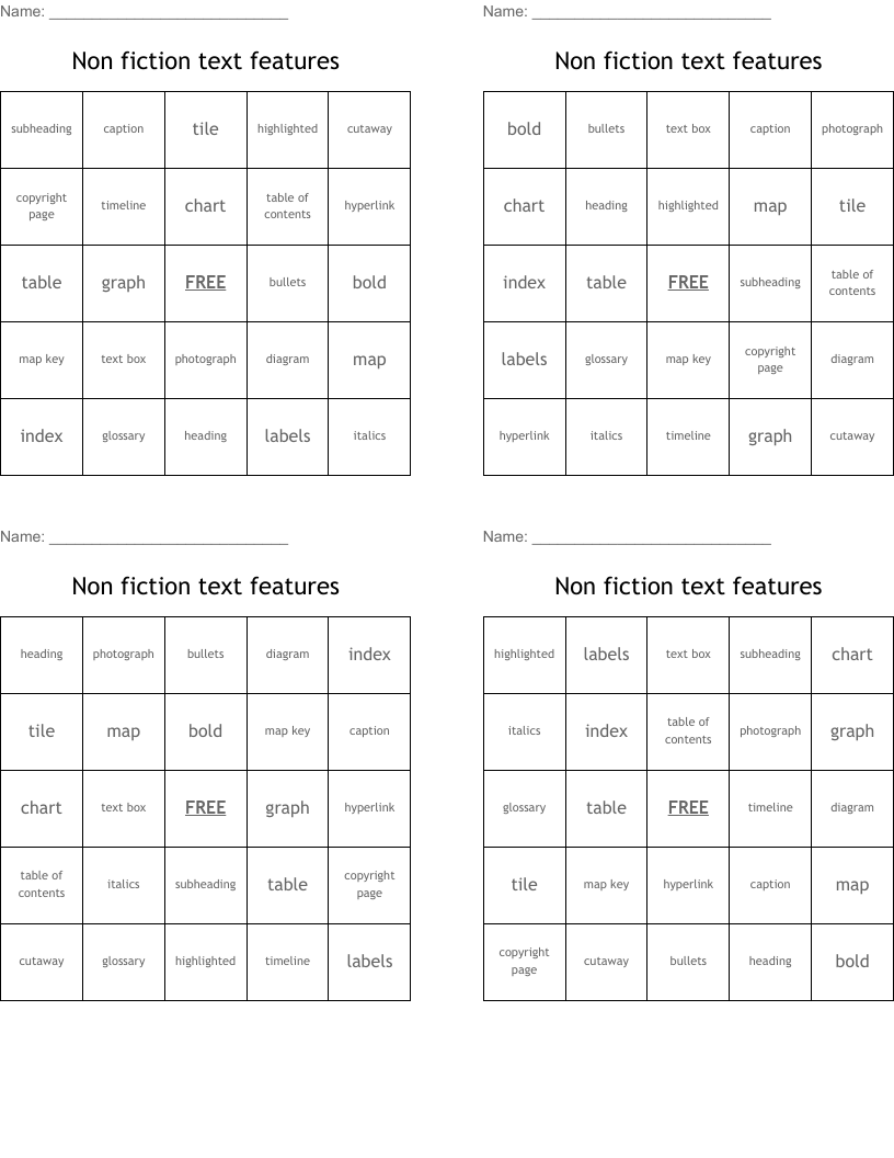 Non fiction text features Bingo Cards