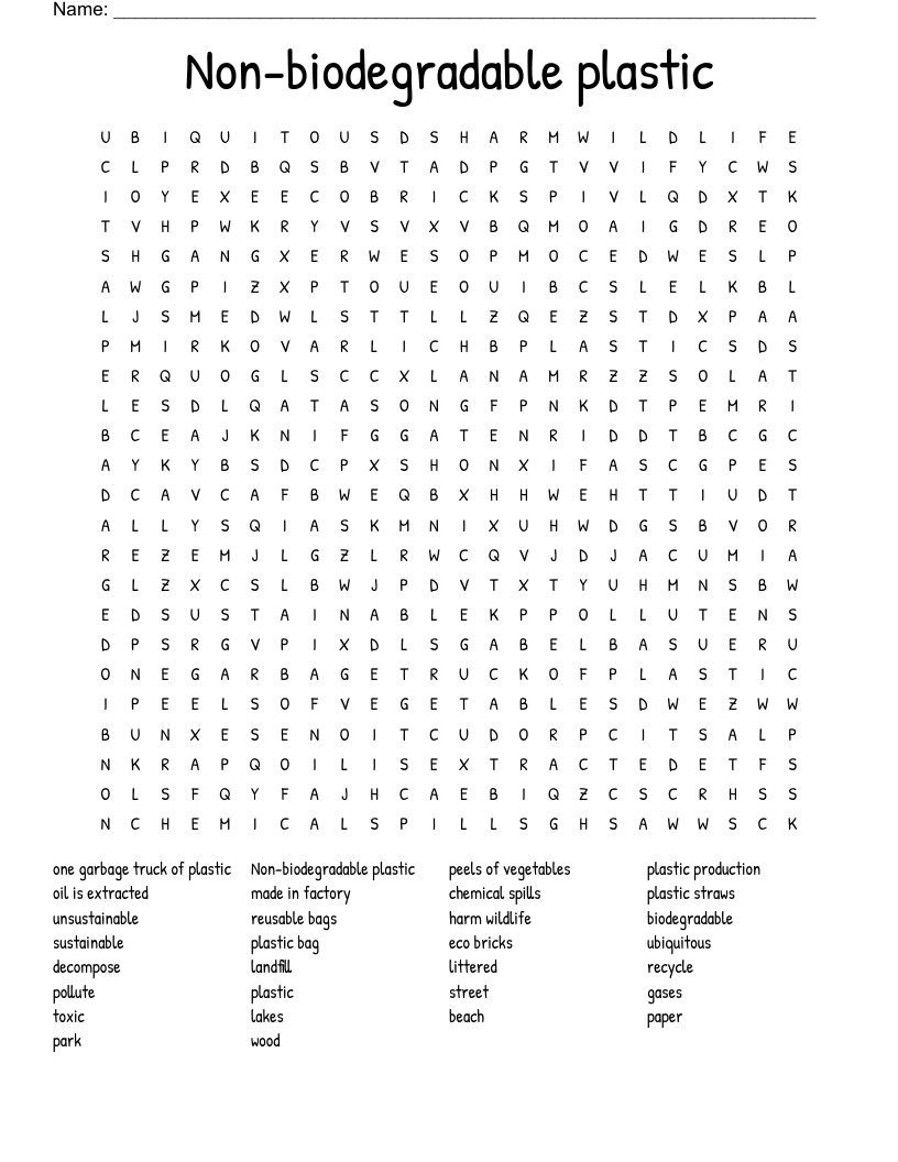 Non-biodegradable plastic Word Search