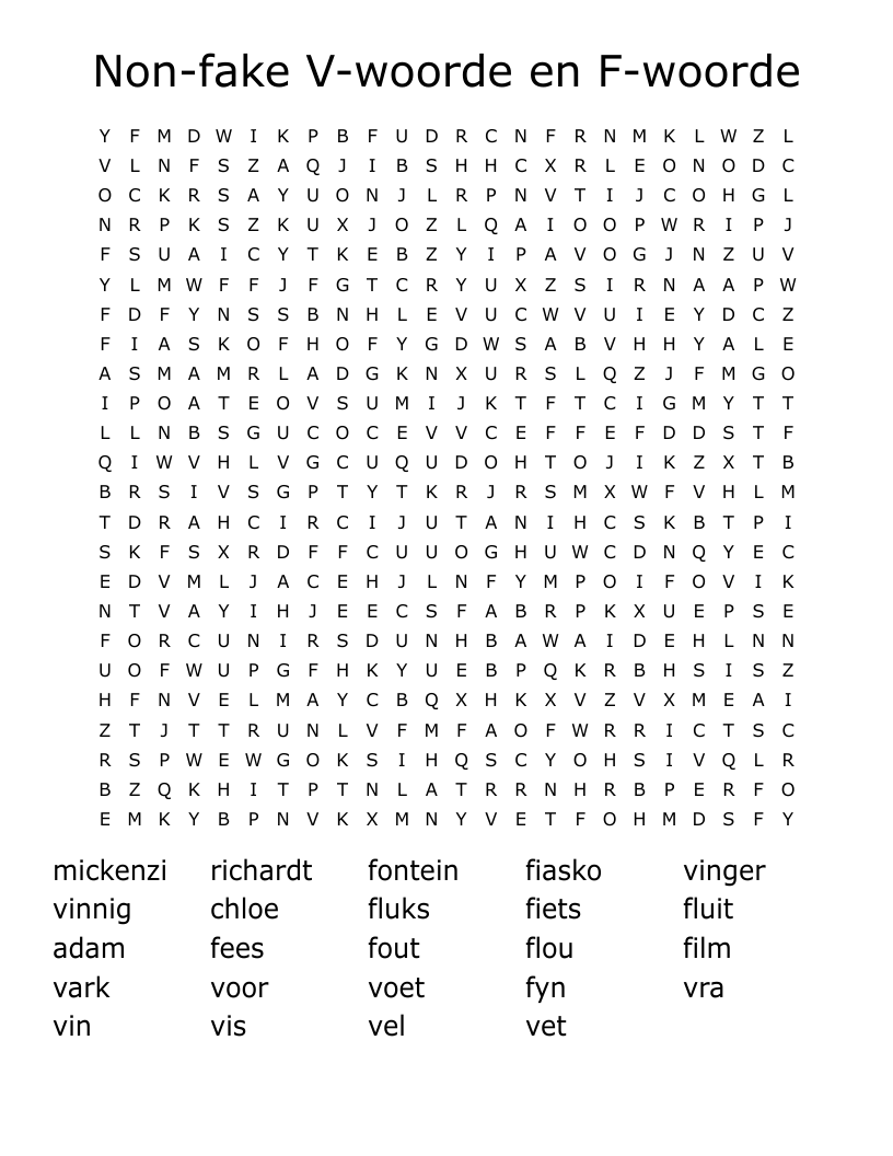 Non-fake V-woorde en F-woorde Word Search