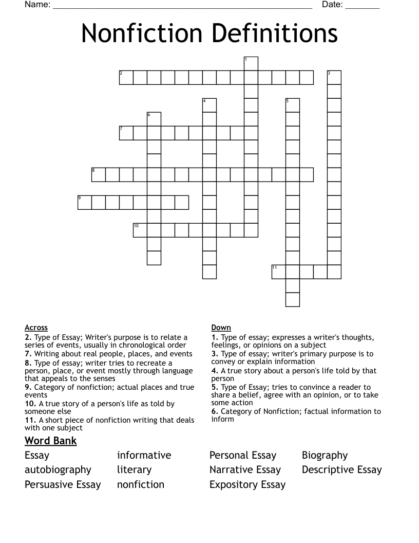 Nonfiction Definitions  Crossword