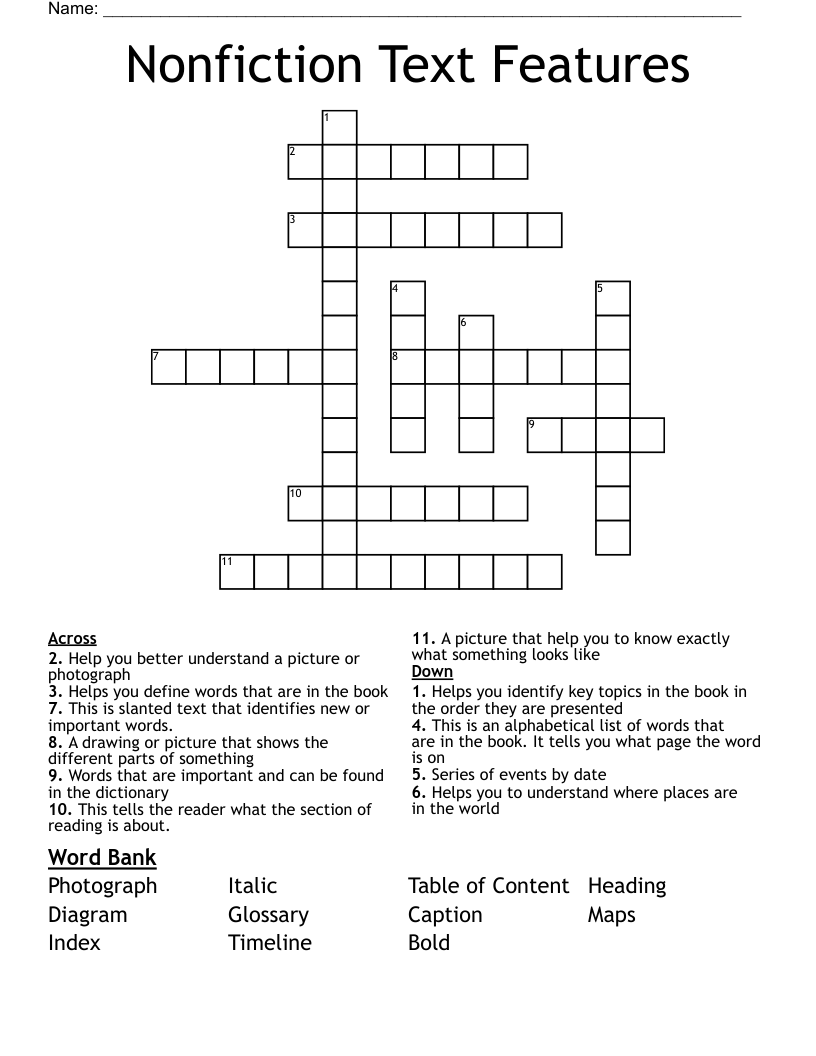 Nonfiction Text Features Crossword