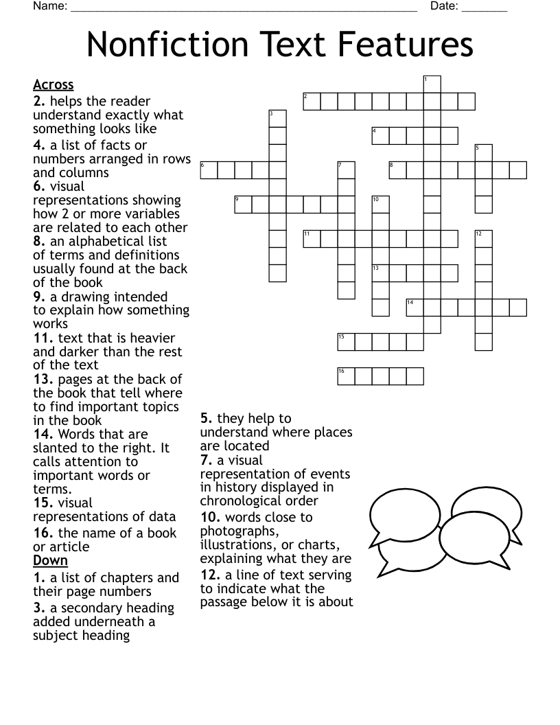 Nonfiction Text Features Crossword