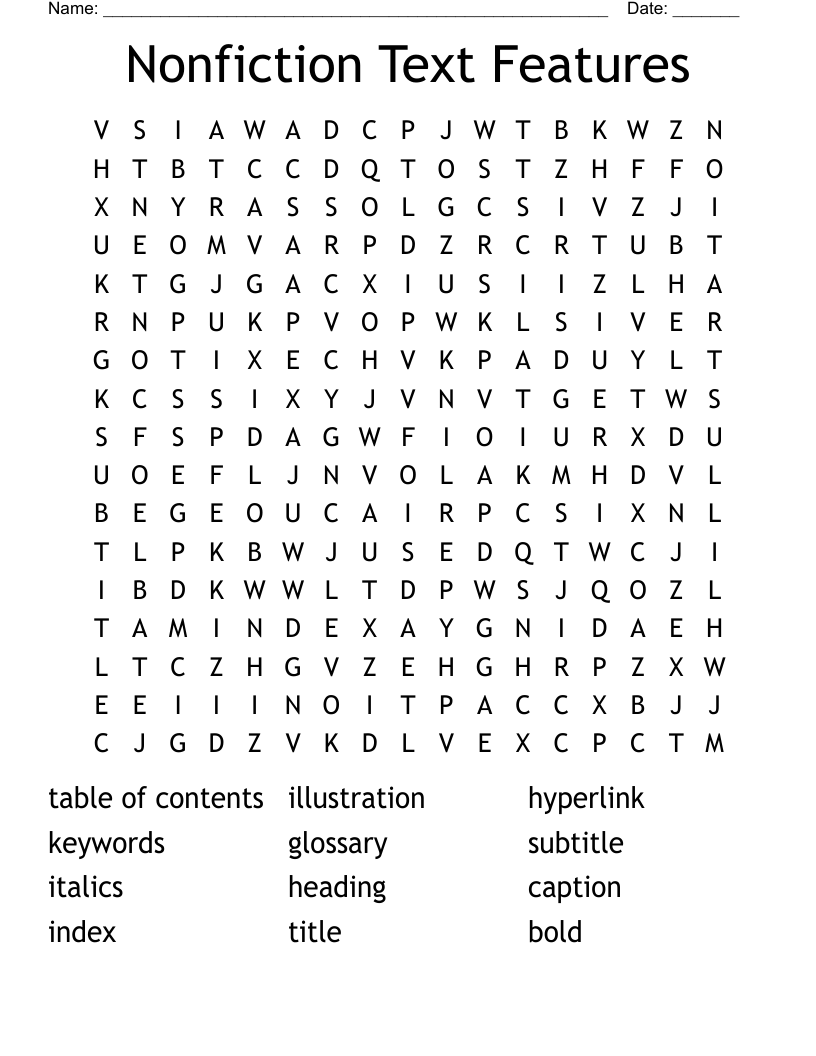 Nonfiction Text Features Word Search