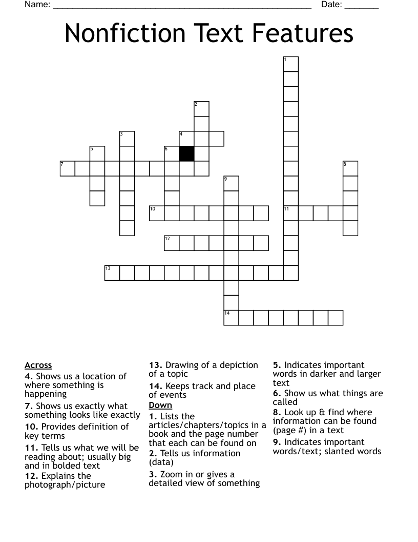Nonfiction Text Features Crossword