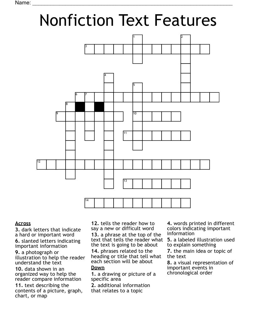 Nonfiction Text Features Crossword