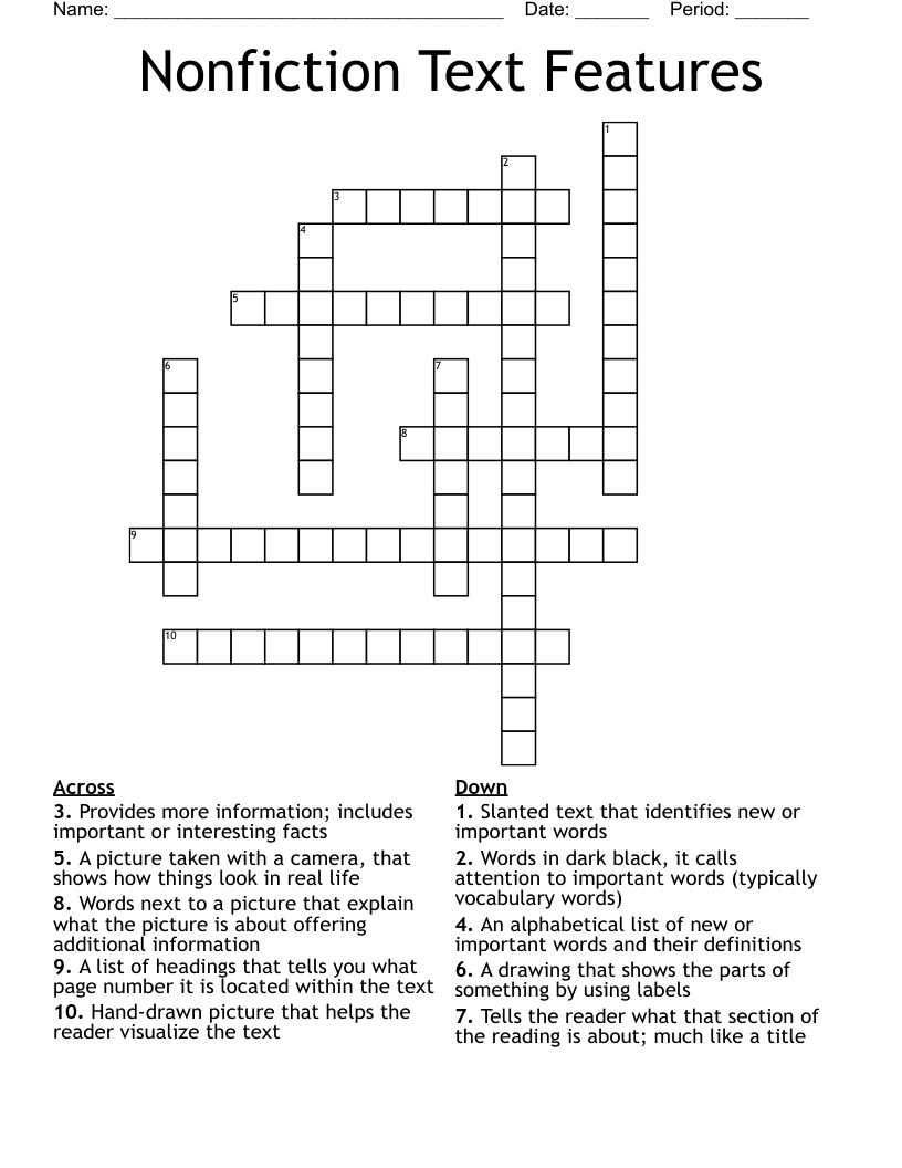 Nonfiction Text Features Crossword