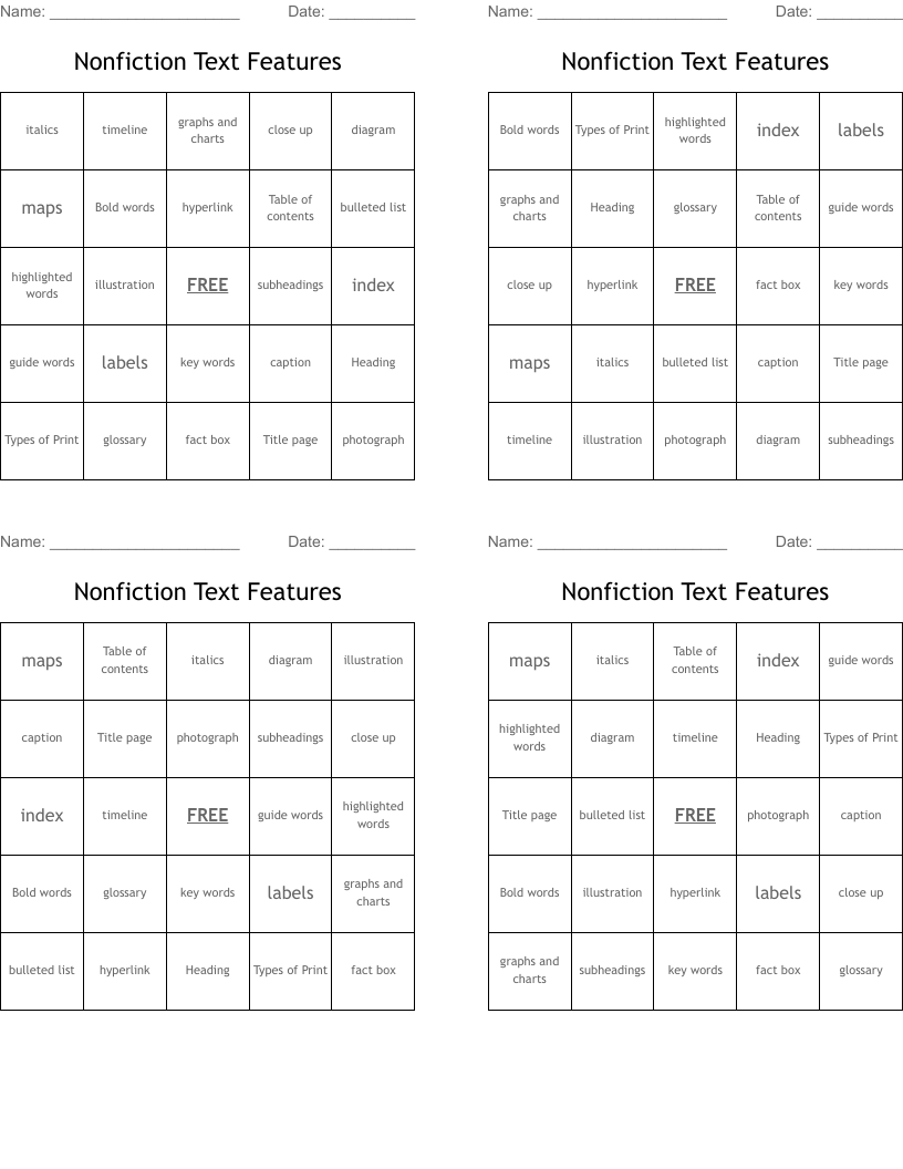 Nonfiction Text Features Bingo Cards