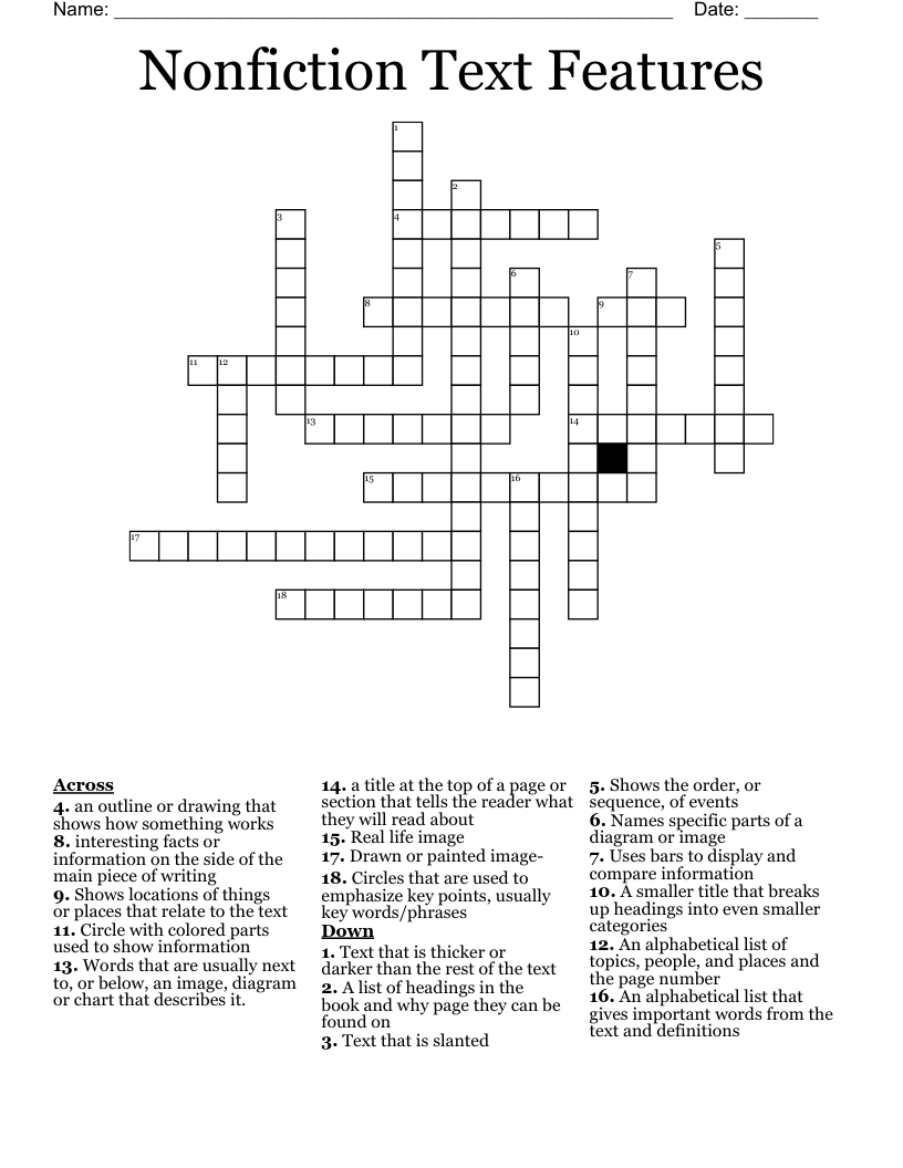 Nonfiction Text Features Crossword