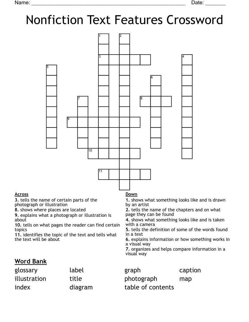 Nonfiction Text Features Crossword