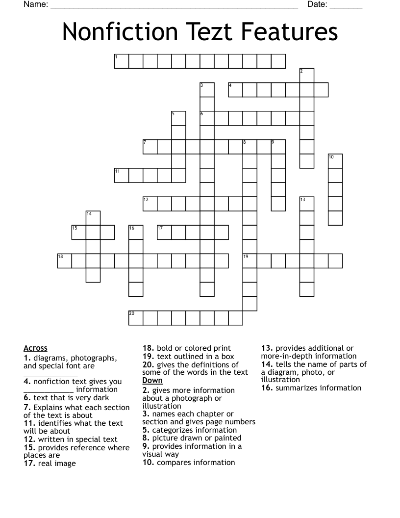 Nonfiction Tezt Features Crossword