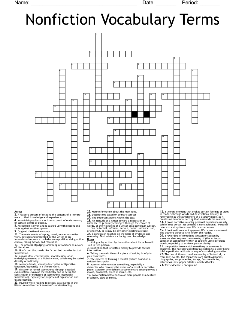 Nonfiction Vocabulary Terms Crossword