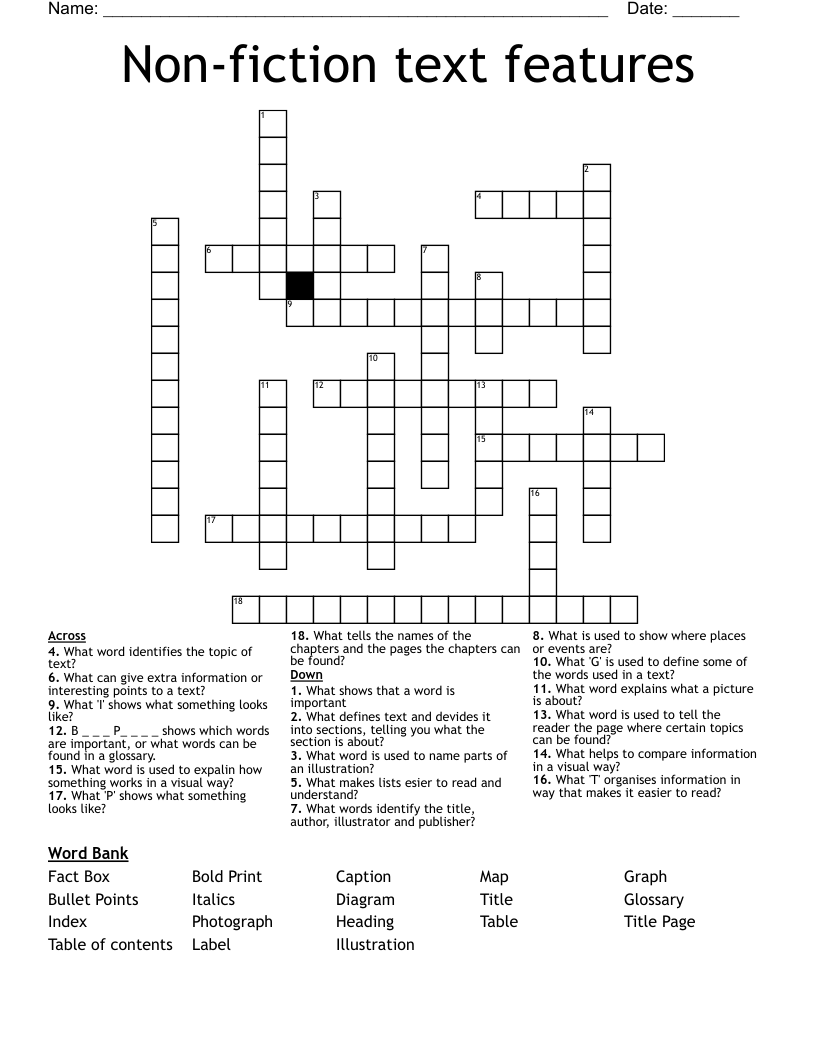 Non-fiction text features Crossword