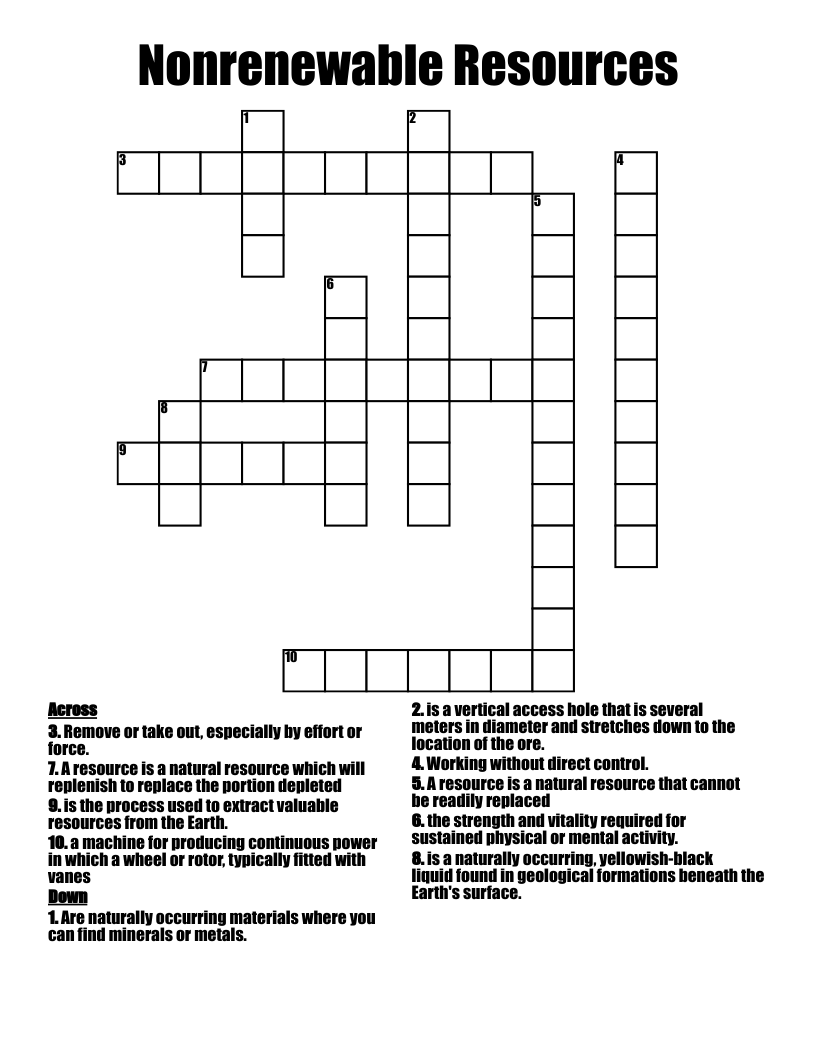 Nonrenewable Resources Crossword