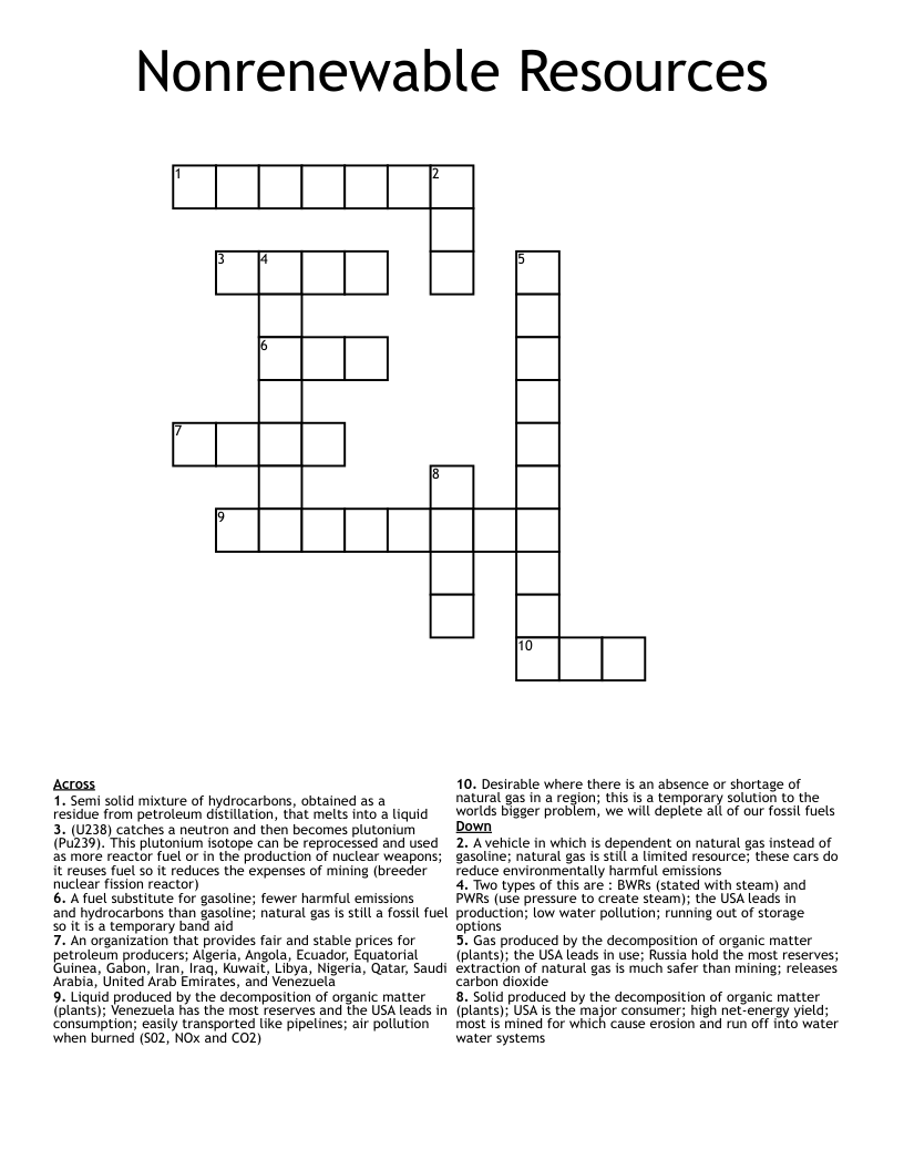 Nonrenewable Resources  Crossword
