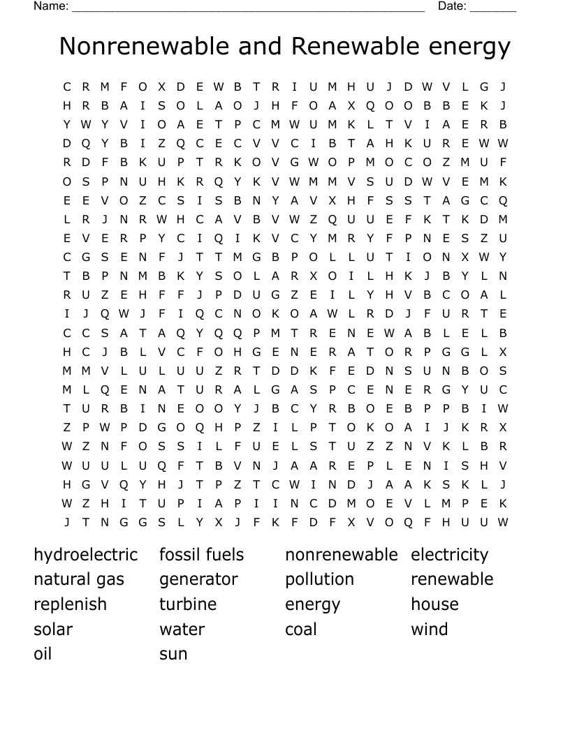 Nonrenewable and Renewable energy Word Search