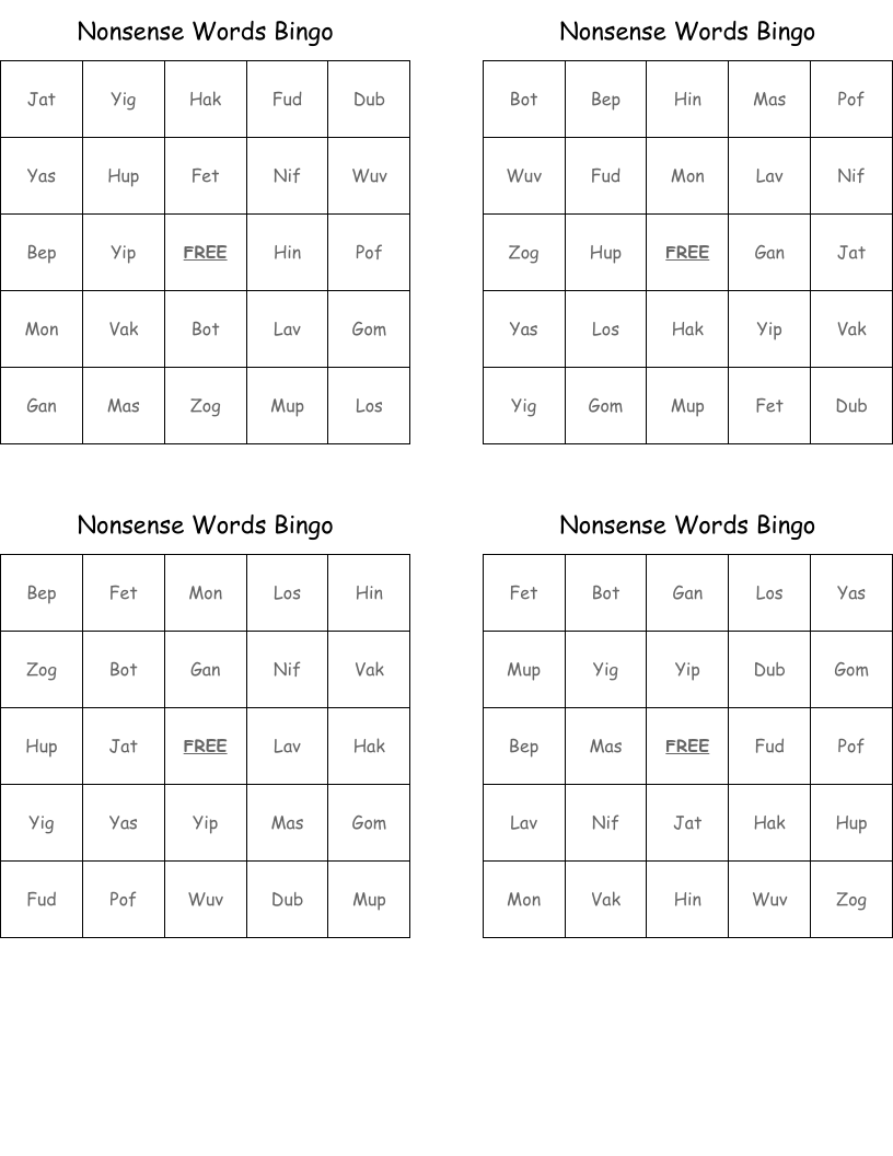 Nonsense Words Bingo