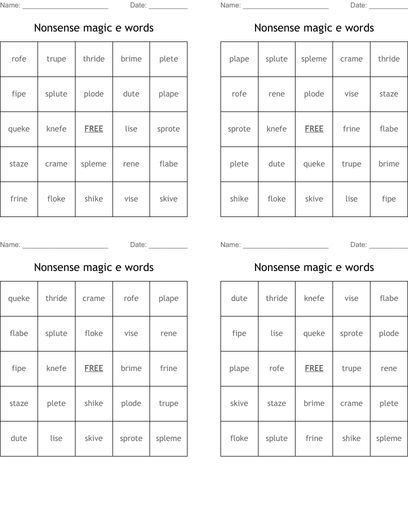 Nonsense magic e words Bingo Cards