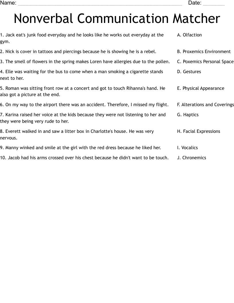 Nonverbal Communication Matcher  Worksheet