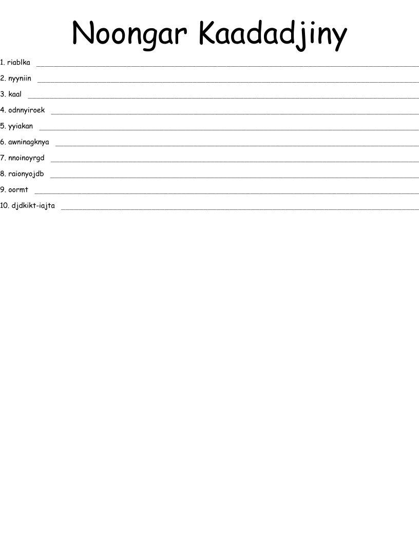 Noongar Kaadadjiny Word Scramble