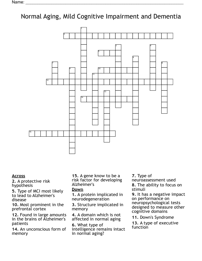 Normal Aging, Mild Cognitive Impairment and Dementia Crossword