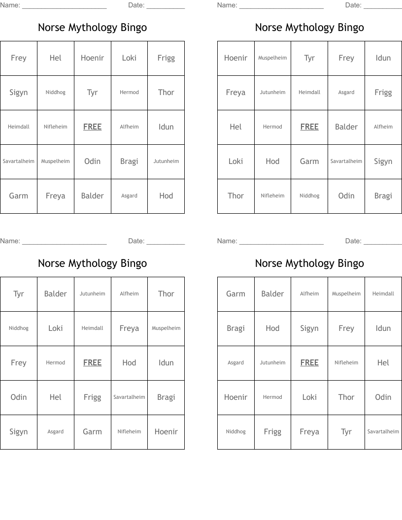 Norse Mythology Bingo